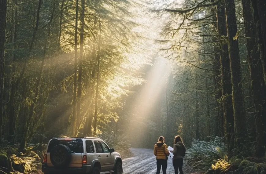 A group of friends planning a hiking stop on their spring road trip, standing beside an SUV on a sunlit forest road.