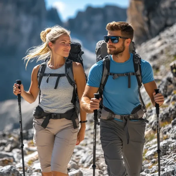 A male and female hiker walking along a rocky mountain trail under the summer sun, both wearing lightweight, quick-dry hiking pants, UPF-rated shirts, and sunglasses, with trekking poles in hand. hiking outfit summer