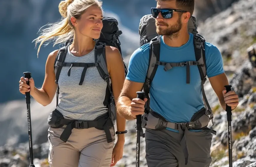 A male and female hiker walking along a rocky mountain trail under the summer sun, both wearing lightweight, quick-dry hiking pants, UPF-rated shirts, and sunglasses, with trekking poles in hand. hiking outfit summer