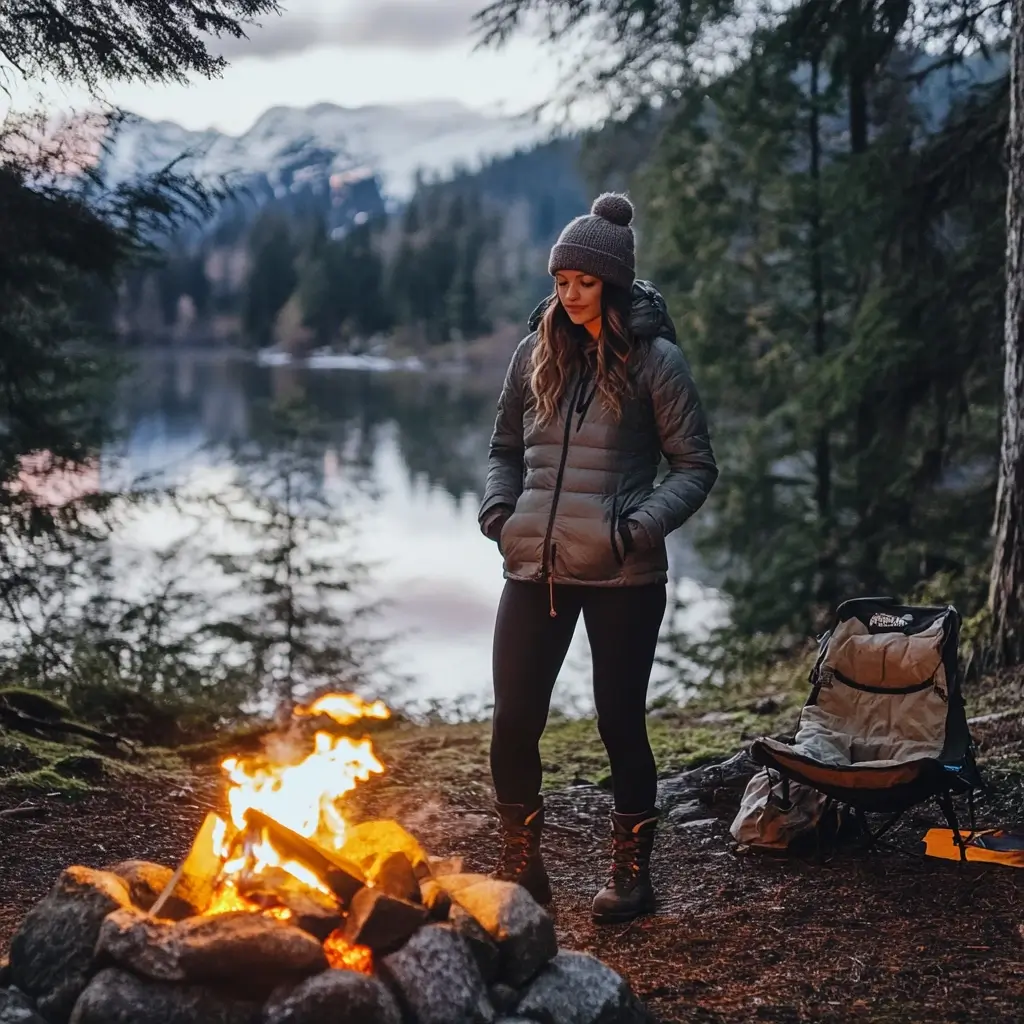 A woman in a stylish and practical camping outfit, standing by a campfire, wearing hiking leggings, a fleece jacket, and waterproof boots in a forest setting. camping outfits
