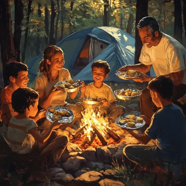 Family eating foil-pack camping meals together around a campfire at sunset.