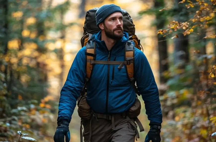 Male hiker in a layered hiking outfit walking through autumn forest.