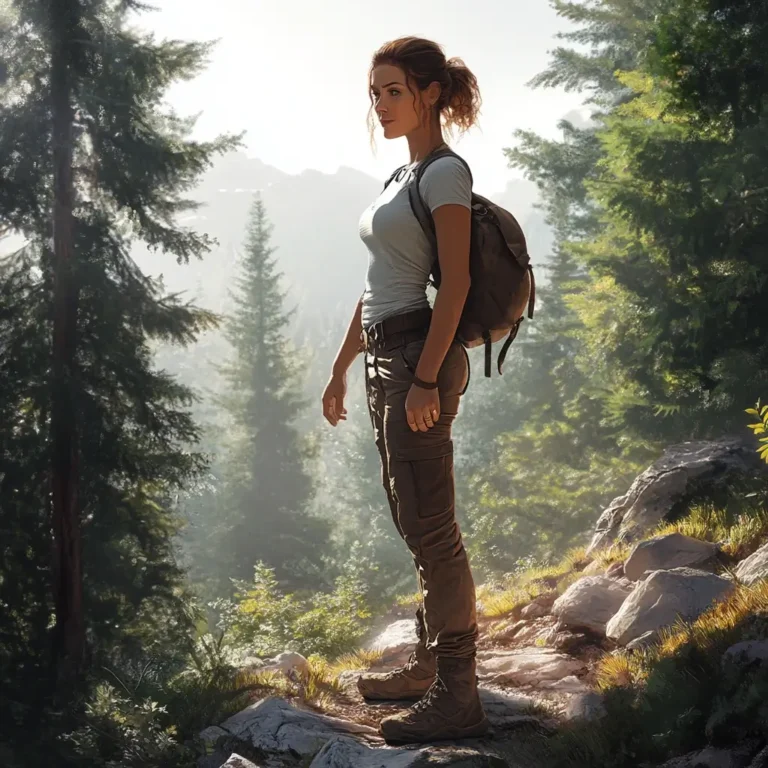 A woman hiking a mountain trail wearing a stylish, functional hiking outfit with a performance top and durable pants. hiking outfit