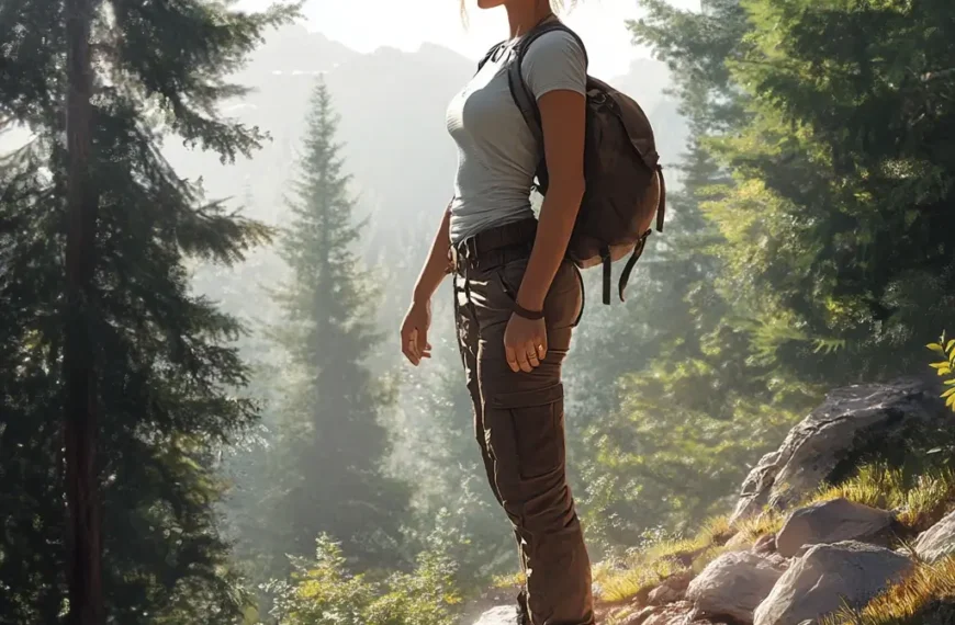 A woman hiking a mountain trail wearing a stylish, functional hiking outfit with a performance top and durable pants. hiking outfit