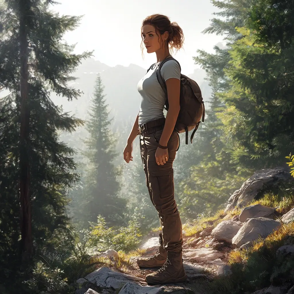 A woman hiking a mountain trail wearing a stylish, functional hiking outfit with a performance top and durable pants. hiking outfit