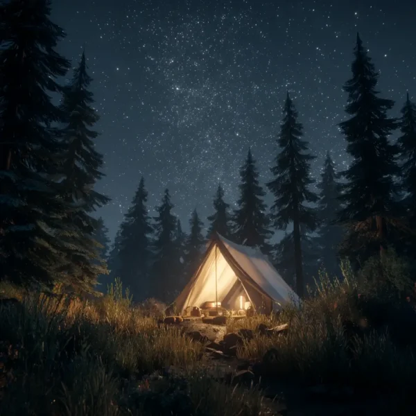 A glowing camping tent under a starry night sky, nestled in a quiet pine forest. camping tent