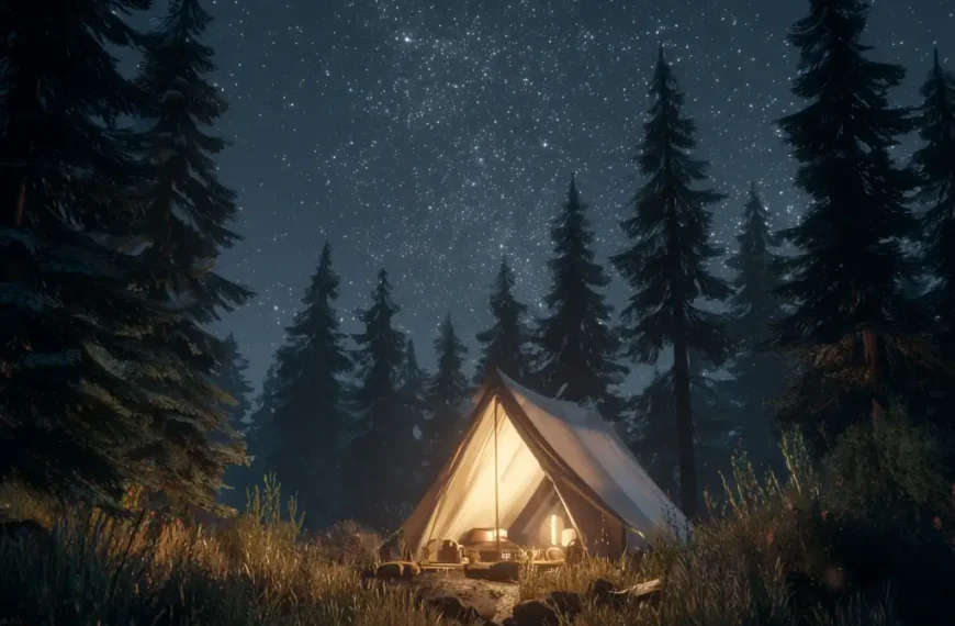 A glowing camping tent under a starry night sky, nestled in a quiet pine forest. camping tent