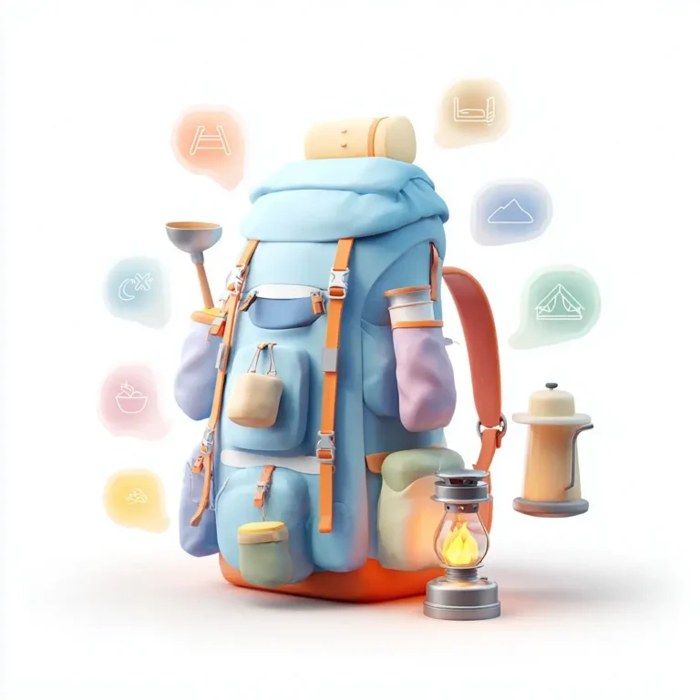 Graphic infographic showing a camping packing list with icons around a central backpack. camping packing list