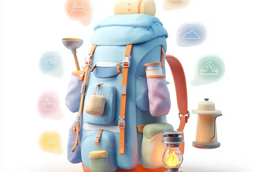 Graphic infographic showing a camping packing list with icons around a central backpack. camping packing list