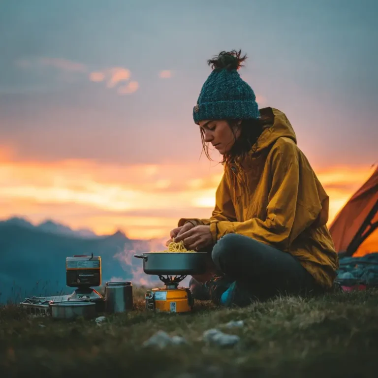 Colorful camping dinner setup with grilled veggies, skewers, and a camp stove on a rustic picnic table. camping dinner ideas