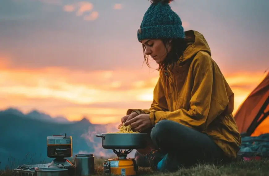 Colorful camping dinner setup with grilled veggies, skewers, and a camp stove on a rustic picnic table. camping dinner ideas