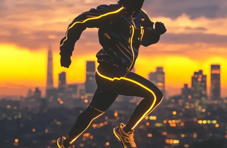 Urban runner in a sleek, reflective running outfit jogging at sunrise with a city skyline in the background. running outfit