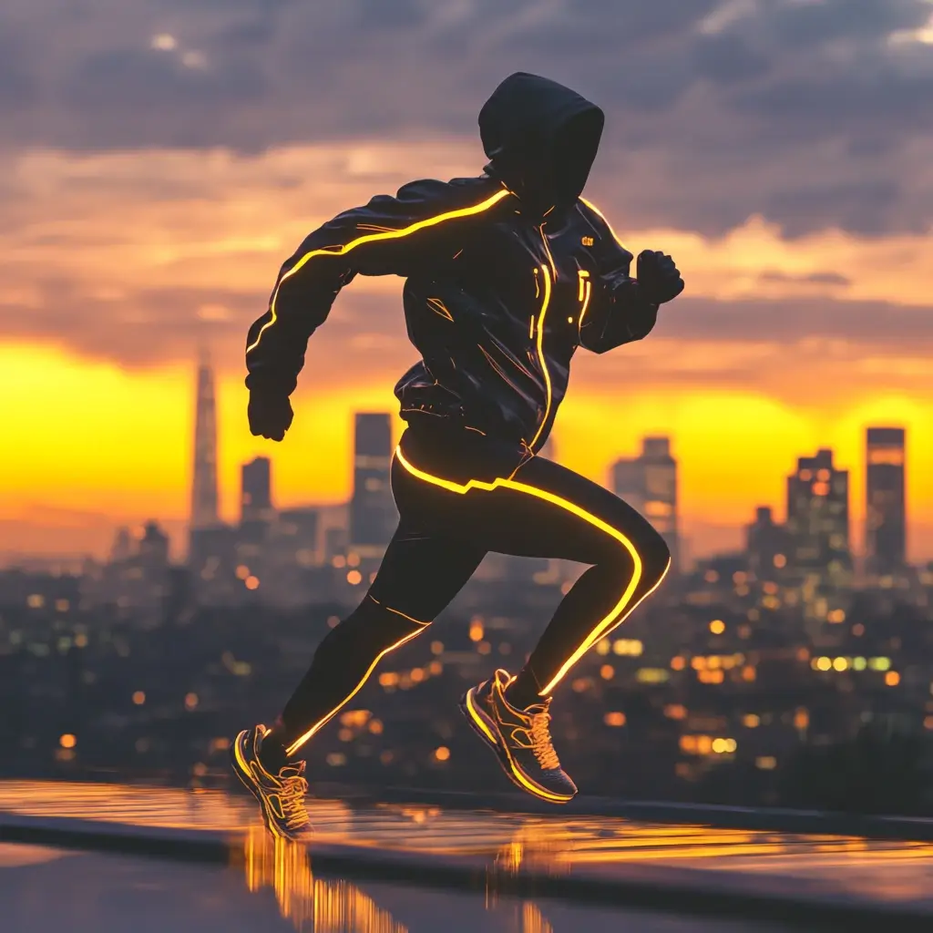 Urban runner in a sleek, reflective running outfit jogging at sunrise with a city skyline in the background. running outfit