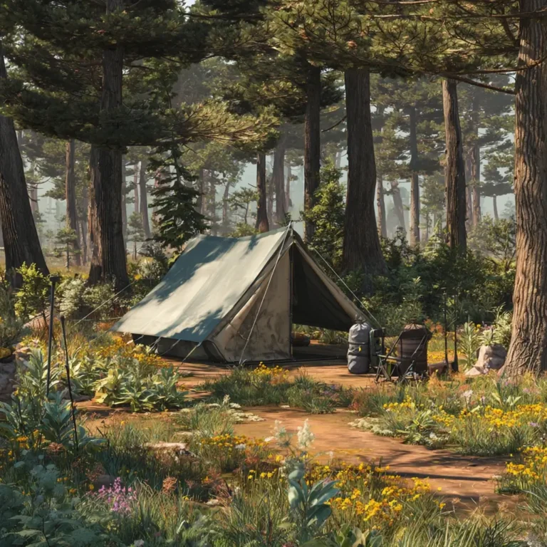 Camp kitchen setup showing camping essentials like stove, cookware, cooler, and lantern at sunset. camping essentials
