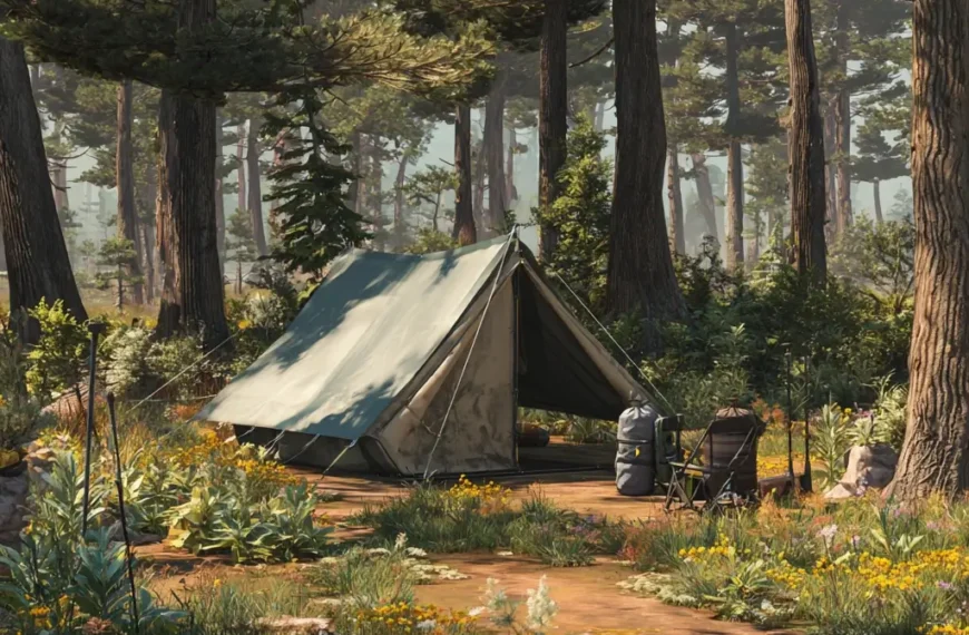 Camp kitchen setup showing camping essentials like stove, cookware, cooler, and lantern at sunset. camping essentials