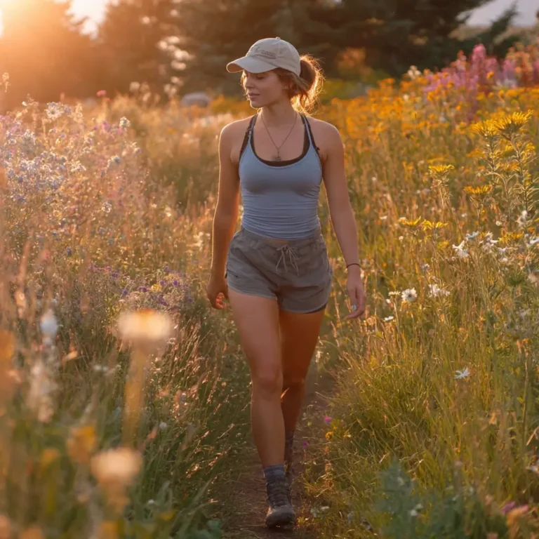 Woman in a cute hiking outfit summer skort and racerback tank walking through wildflowers at golden hour. cute hiking outfit summer