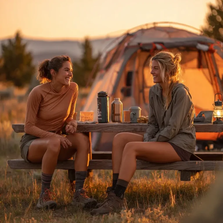 Two friends in camping outfits for women—UPF tops and skorts—relax at a pine-forest campsite at sunset.